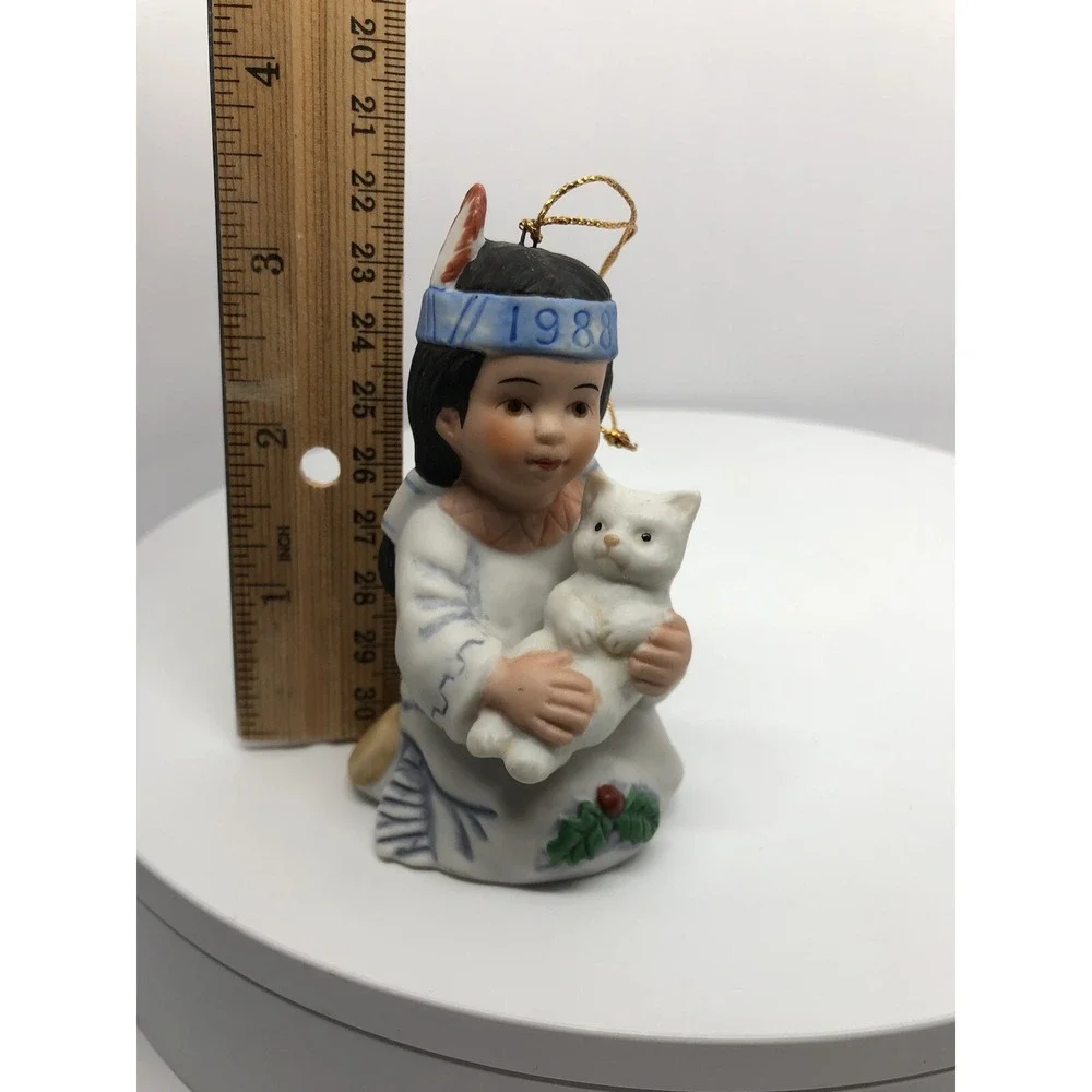 GREGORY PERILLO'S SAGEBRUSH KIDS 1988 BELL CHRISTMAS ORNAMENT BISQUE NATIVE &CAT